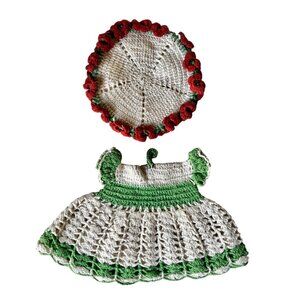 Hand-Crocheted Potholder Red White Hot Pad & Green White Dress with Loop